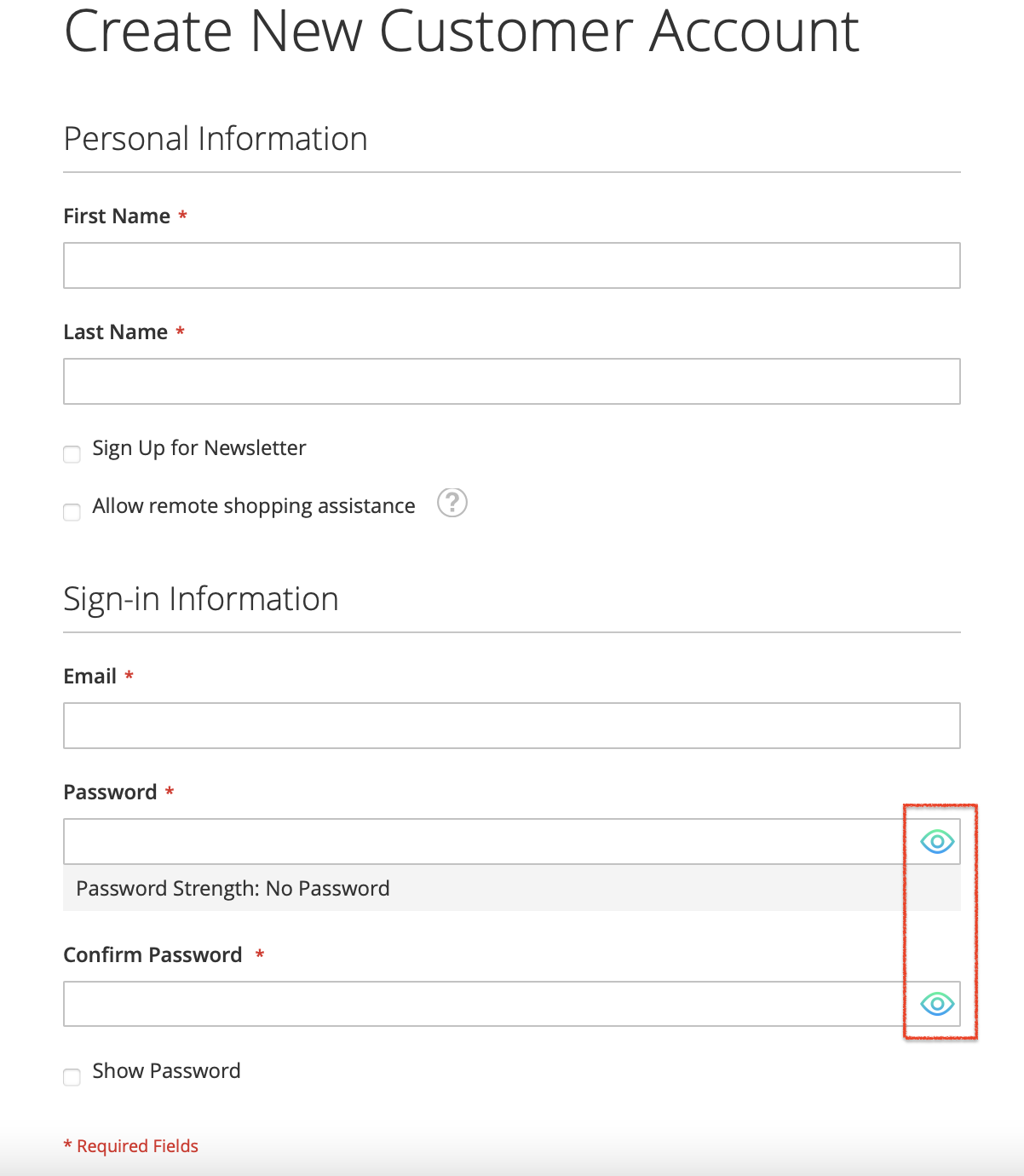 Password Show/Hide On Create Nee Customer Account