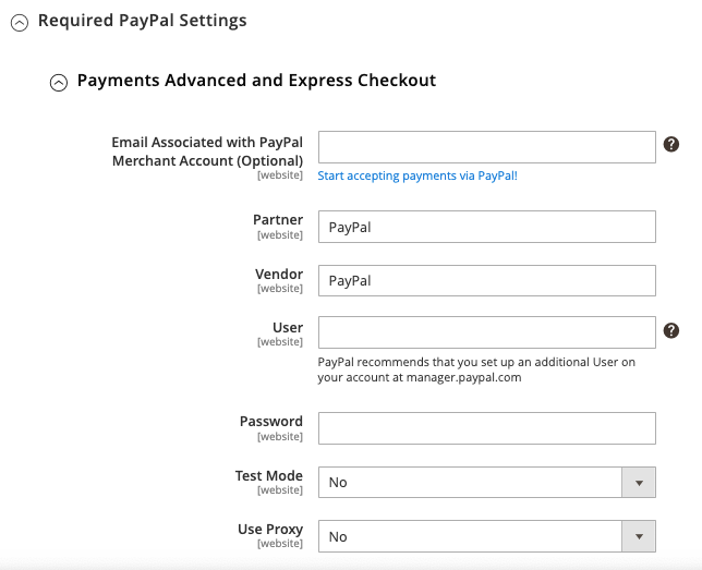 PayPal system setting 